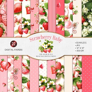 22 papiers numériques sans couture sur le thème de bébé aux fraises, fond de bébé rose rouge ivoire, baby shower aux fraises, anniversaire aux fraises, fête