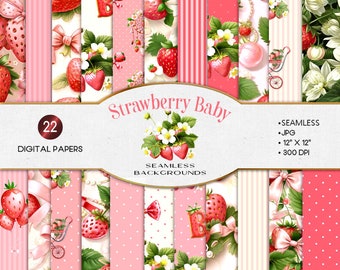 22 Fraises, thème bébé, rose rouge ivoire, papier imprimable numérique sans couture