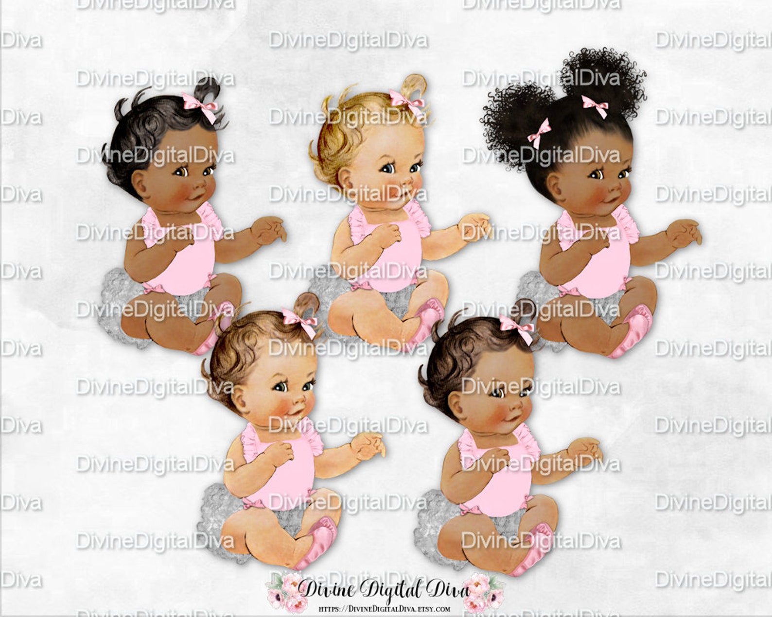 sitting pink silver ruffle pants ballet slipper | vintage baby girl 3 skin tones afro puffs | clipart instant download