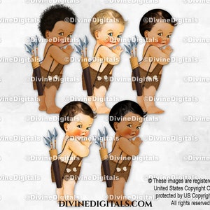 Kleiner Prinz Dschungel Safari Braun Wildleder Lendenschurz Knochen Pfeile Köcher | Baby Boy 3 Hauttöne | Clipart Sofort Download