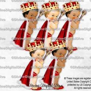 Little Royal Prince met rode en gouden vacht getrimde Cape Crown Scepter | Babyjongen 3 huidskleuren | Clipart direct downloaden