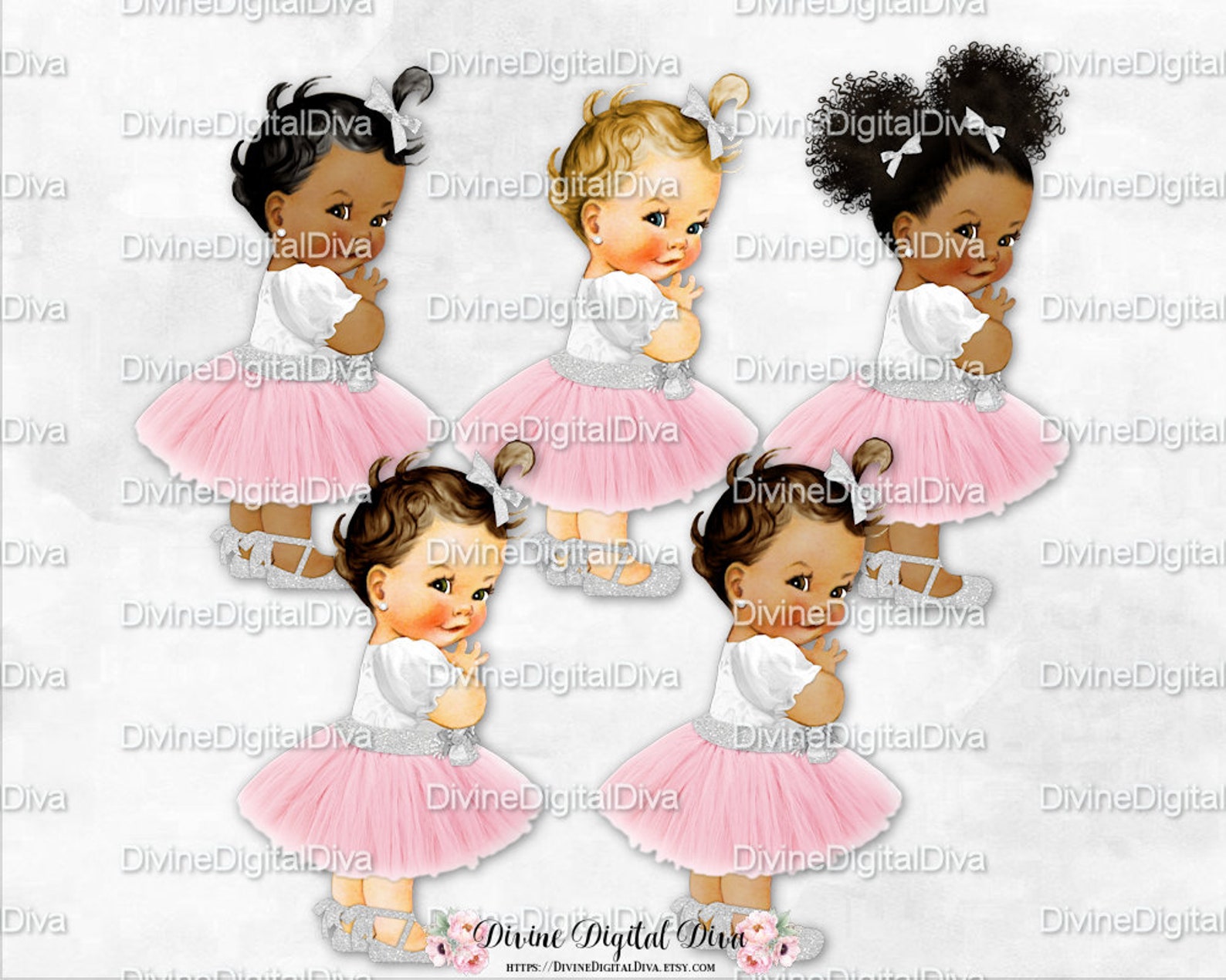 blush pink tulle party dress silver glitter accents ankle ribbon ballet shoe | vintage baby girl afro puffs | clipart instant do