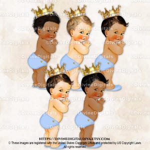 Little Prince lichtblauwe luierpantoffels Gold Crown | Babyjongen 3 huidskleuren | Clipart direct downloaden