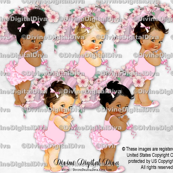 Ruffle Pants Pink Cherry Blossom Umbrella Parasol Spring Paris Japan | Baby Girl 3 Skin Tones | Clipart Instant Download