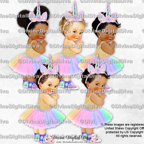 Unicorn Princess Pastel Rainbow Tutu Gold Shirt Sneakers Horn Headband | Baby Girl 3 Skin Tones | Clipart Instant Download