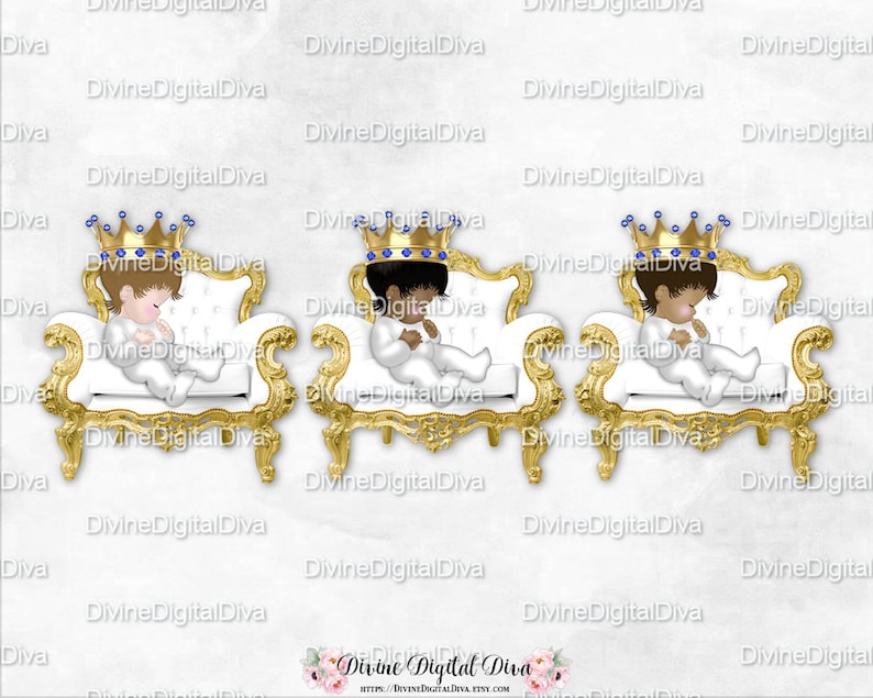 Sleeping Little Prince White Gold Chair Royal Blue Crown Gems Clipart Instant Download Baby Boy 3 Skin Tones