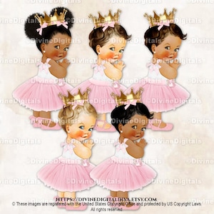 Princess Blush Pink Tulle Party Dress Ankle Ribbon Shoes Gold Crown Baby Girl Digital Clipart Images
