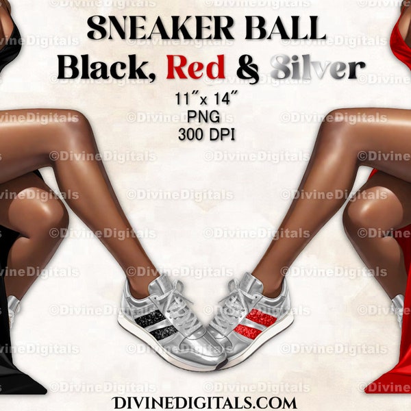 Sneaker Ball Legs Red, Black & Silver Gown Fashion Party DARK Skin Tone Clipart Digital Images PNG Instant Download