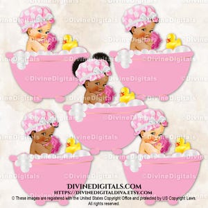 Bagnoschiuma Vasca da bagno Cuffia per doccia Bolle rosa Paperella di gomma / Bambina 3 tonalità di pelle / Clipart Download immediato