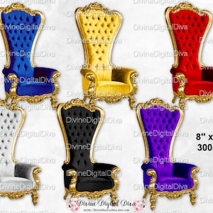 Jewel Tones stoel met hoge rugleuning Royal Throne Velvet | Zilver Goud Koningsblauw Paars Rood Zwart | Clipart direct digitaal downloaden