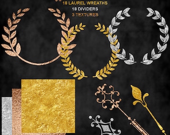 Copper Gold Silver Laurel Wreaths & Dividers Plus Bonus Textures | Clipart Digital PNG Instant Download CU
