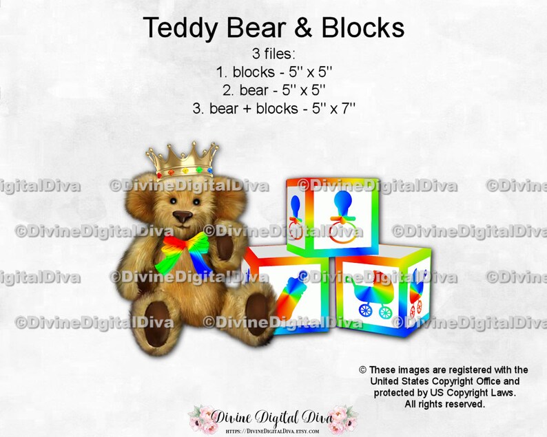 Clipart Instant Download Brown Fur Teddy Bear Bow Gold Crown Baby Blocks Primary Rainbow Colors