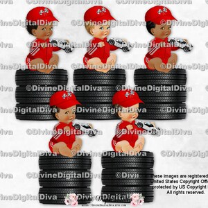 Kleiner Prinz Rennfahrer Stapel Reifen Rot Schwarz Weiß Hält Spielzeug Auto Rennen | Baby Boy 3 Hauttöne | Clipart Sofort Download