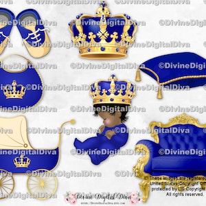 Slapende prins Koningsblauwen goud stoel kussen vervoer schoenen slabbetje | Donkere toon babyjongen etnisch Afro-Amerikaans | Clipart direct downloaden