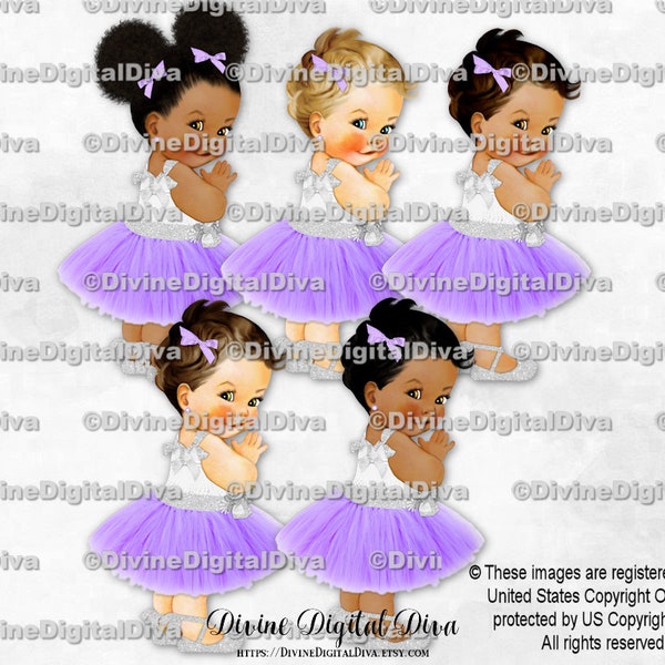 Princess Dress Lavender Tulle Silver Trim Ankle Ribbon Shoe Purple | Baby Girl 3 Skin Tones Puffs | Clipart Instant Download