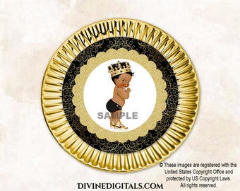 Little Prince 8 Inch Circle Plate Insert Decoration Black & Gold Crown Sneakers | Baby Boy Dark Skin Tone | Digital Instant Download