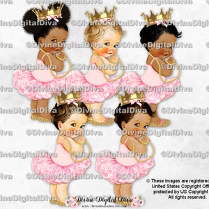 Principessa ballerina, tutù rosa, scarpe dorate, perle e corona / Bambina, 3 tonalità di pelle / Clipart download immediato