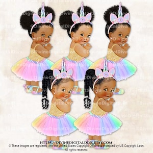 Unicorn Princess Pastel Rainbow Colors Tutu Ballet Shoe Unicorn Horn | Baby Girl African American Puffs | Clipart Instant Download