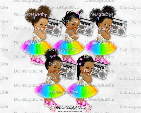 Baby Girl 3 Skin Tones Puffs Clipart Instant Download Princess Rainbow Tutu Head Bow Sneakers Boombox Pastels