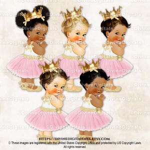 Princess Blush Pink Tulle Party Dress Gold Crown Accents Ankle Ribbon Shoe | Baby Girl 3 Skin Tone | Clipart Instant Download