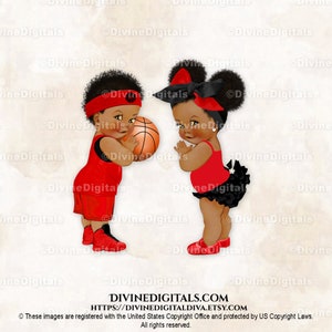 Basketbal of strikken Rood Zwart | Donkere toon soezen babyjongen meisje Afro-Amerikaans | Gender Reveal-tweeling | Clipart direct downloaden