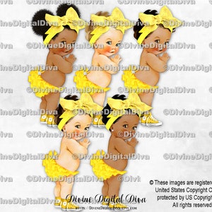 Ruffle Pants Yellow Big Head Bow Sneakers | Baby Girl 3 Skin Tones | Clipart Instant Download