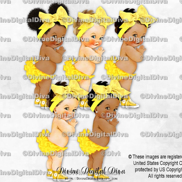 Ruffle Pants Yellow Big Head Bow Sneakers | Baby Girl 3 Skin Tones | Clipart Instant Download