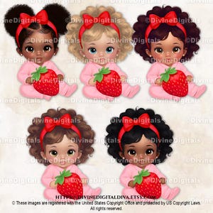 Thème fraise bébé fille Clipart, rose et rouge, noeud, Shower de bébé aux fraises, anniversaire aux fraises, téléchargement immédiat PNG