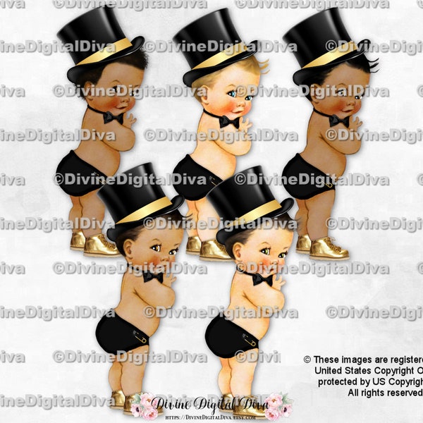 Little Prince Top Hat Bow Tie Black & Gold Little Man Gentleman | Baby Boy 3 Skin Tones | Clipart Instant Download