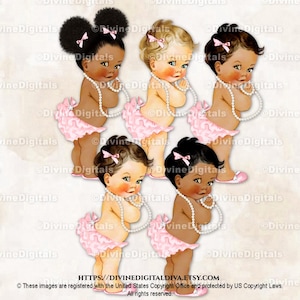 Prinzessin Rüschen Hose rosa Hausschuhe Perlenkette | Baby Mädchen 3 Hauttöne | Clipart Sofort Download