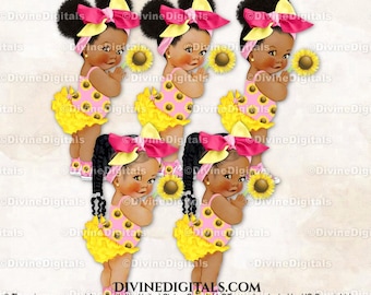 Zonnebloem Geel en roze sneakers met grote strik Babymeisje baby's met kleur Vlechten Rookwolken Clipart