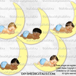 Schlafender Baby Junge auf einem Halbmond Blau Hosen | 3 Hauttöne | Clipart Sofort Download