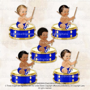 Little Prince Rock Star-drummer drumstokken zittend op trom Koningsblauwe gouden sneakers | Babyjongen 3 huidskleuren | Clipart direct downloaden