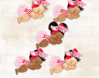 Clipart Bébé fille endormie sur le thème Saint-Valentin, coeur rose et rouge, gros noeud endormi