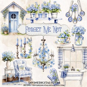 Acquerello Non ti scordar di me Tema Clipart Cottura Giardinaggio Cucina Floreale Francese Campagna Inglese Cottagecore Scrapbook Giornale PNG Scarica CU