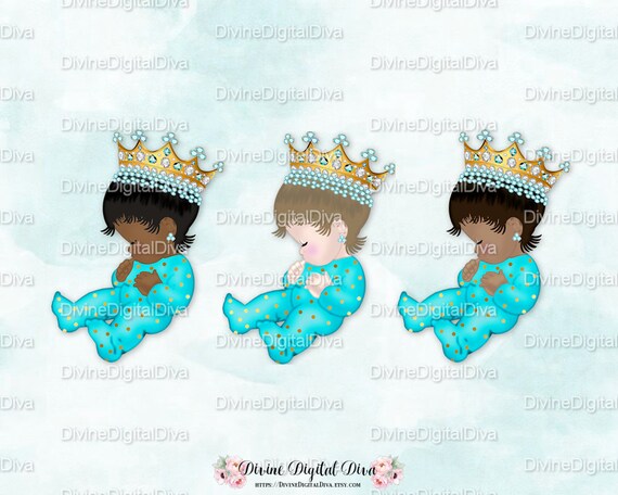 Sleeping Prince White Pajamas Gold Crown Royal Blue Gems Clipart Instant Download Baby Boy 3 Skin Tones