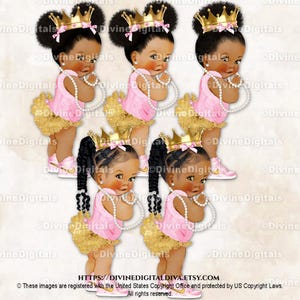 Princess Ruffle Pants Pink & Gold Sneakers Crown Pearls | Baby Girl African American Babies of Color Puffs Braids | Clipart Instant Download