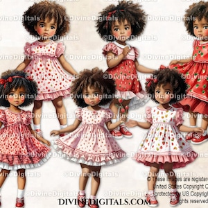Fraise thème petite fille bambin rose et rouge robe à volants mode cheveux bouclés aquarelle Clipart Images Instant Download