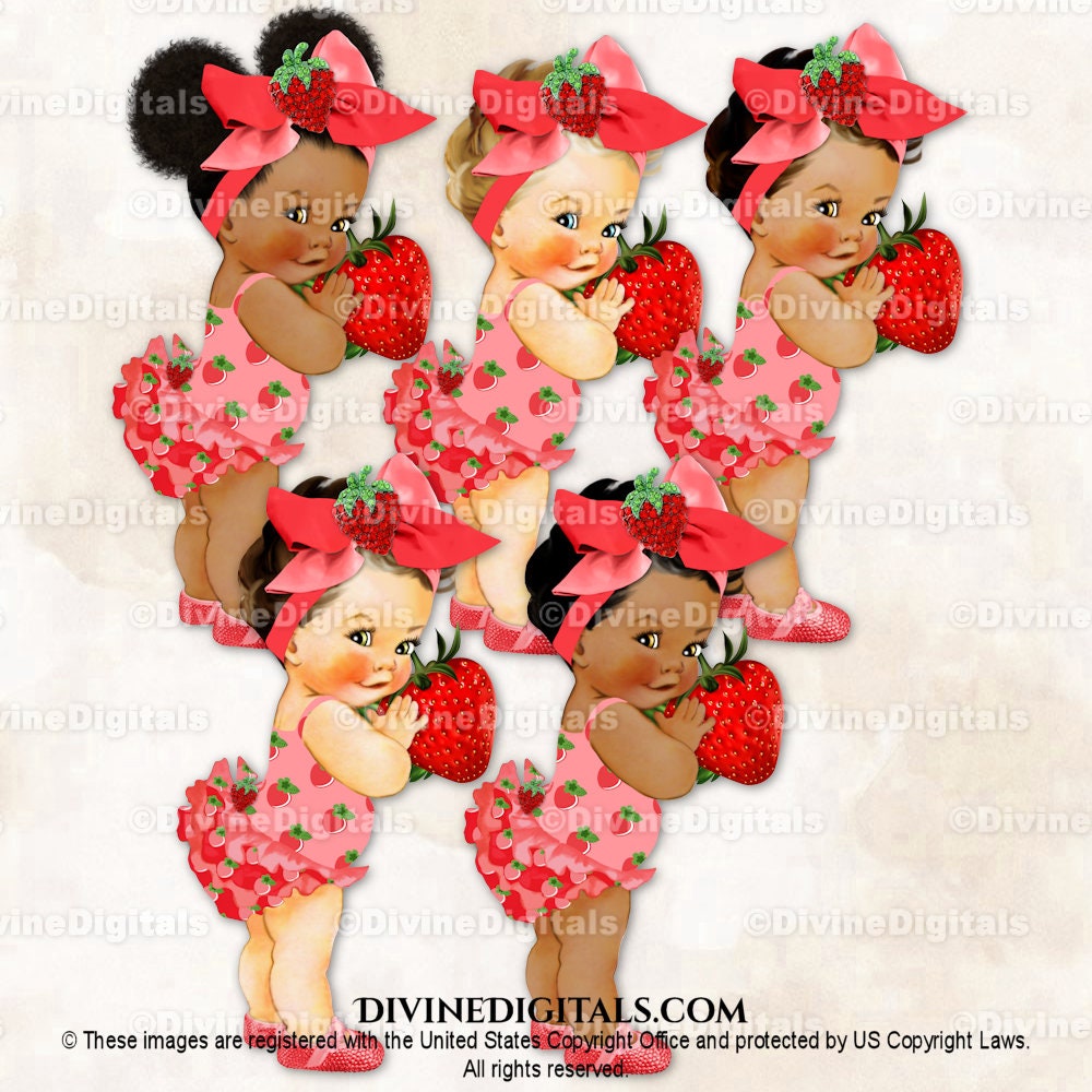 Strawberry Theme Red & Pink Big Bow Baby Girl Digital Clipart Images