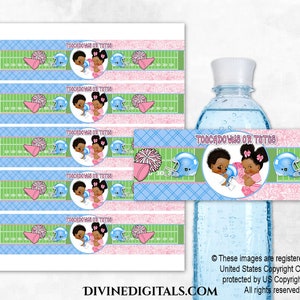 Etiquetas para garrafas de água Touchdowns ou Tutus para revelação do sexo do bebê, rosa, azul e verde | Bebê menino e menina, tom escuro, étnico | Clipart para download instantâneo