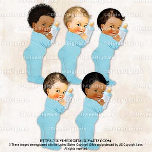 Kleine prins blauwe pyjama en bidon met voetenzak | Babyjongen 3 huidskleuren | Clipart direct downloaden