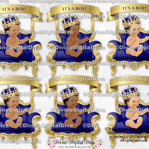 Little Prince Royal Blue & Gold Chair Banner Crown | Sitting Baby Boy 3 Skin Tones | Clipart Instant Download