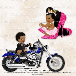 Ruedas Tacones Azul Real Rosa Fuerte Sentado Motocicleta Tacón Alto / Tono Oscuro Bebé Niño Niña / Revelación de Género Gemelos / Clipart Descarga Instantánea