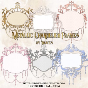 24 cornici per lampadari in oro metallizzato, argento, eleganti e glamour, inviti per compleanni e matrimoni / Clipart trasparenti, PNG digitali, download istantaneo