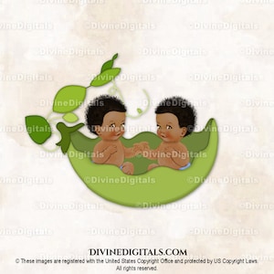 May include: Two babies, with dark brown skin and black hair, are sitting in a green pea pod. They are holding hands and smiling. The pea pod is surrounded by green leaves.