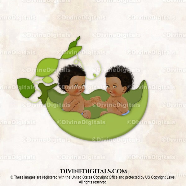 Babies in Pea Pod Twin Boys Blue Diaper | Dark Skin Tone Curly Hair | Gender Reveal Baby Shower | Clipart Instant Download