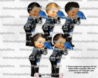 Little Prince Dirt Bike Uniform Boots Helmet Blue Black White | Baby Boy  3 Skin Tones | Clipart Instant Download