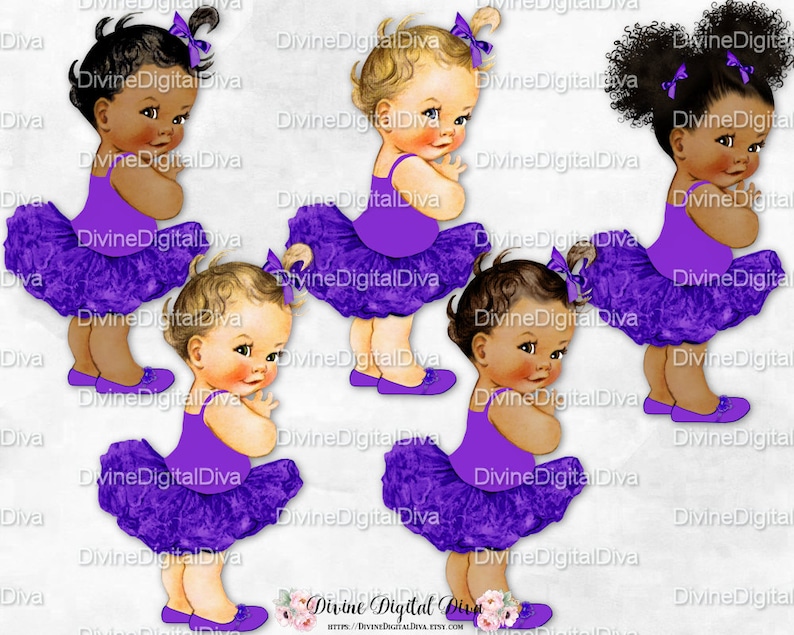 Clipart Instant Download Royal Purple Tutu Ballerina Princess Vintage Girl Baby 3 Skin Tones Afro Puffs