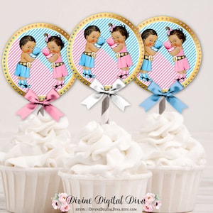 Adorno para cupcakes de revelación de género en forma de boxeador rosa o azul dorado / Bebé niño niña de tono medio étnico afroamericano / Descarga digital instantánea