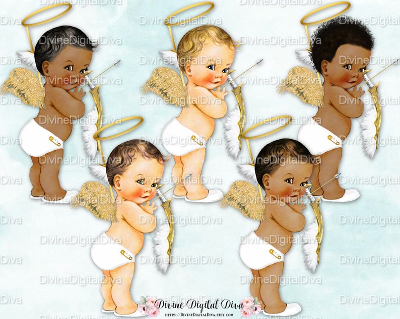Baby Boy 3 Skin Tones Clipart Instant Download Little Prince Angel Cupid Gold Wings Halo Bow /& Arrow